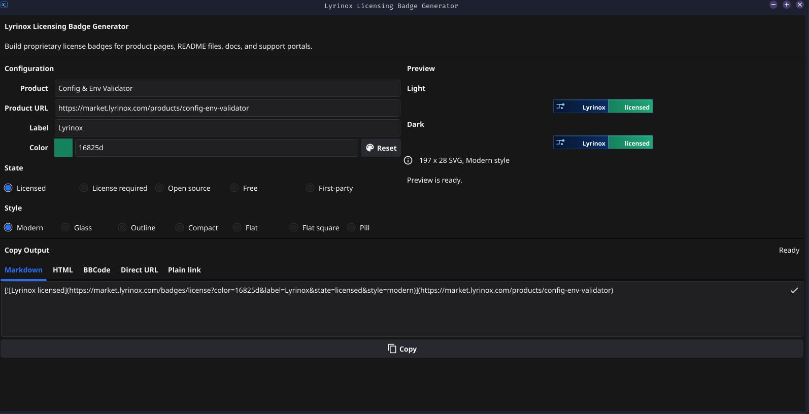 Lyrinox Licensing Badge Generator desktop interface
