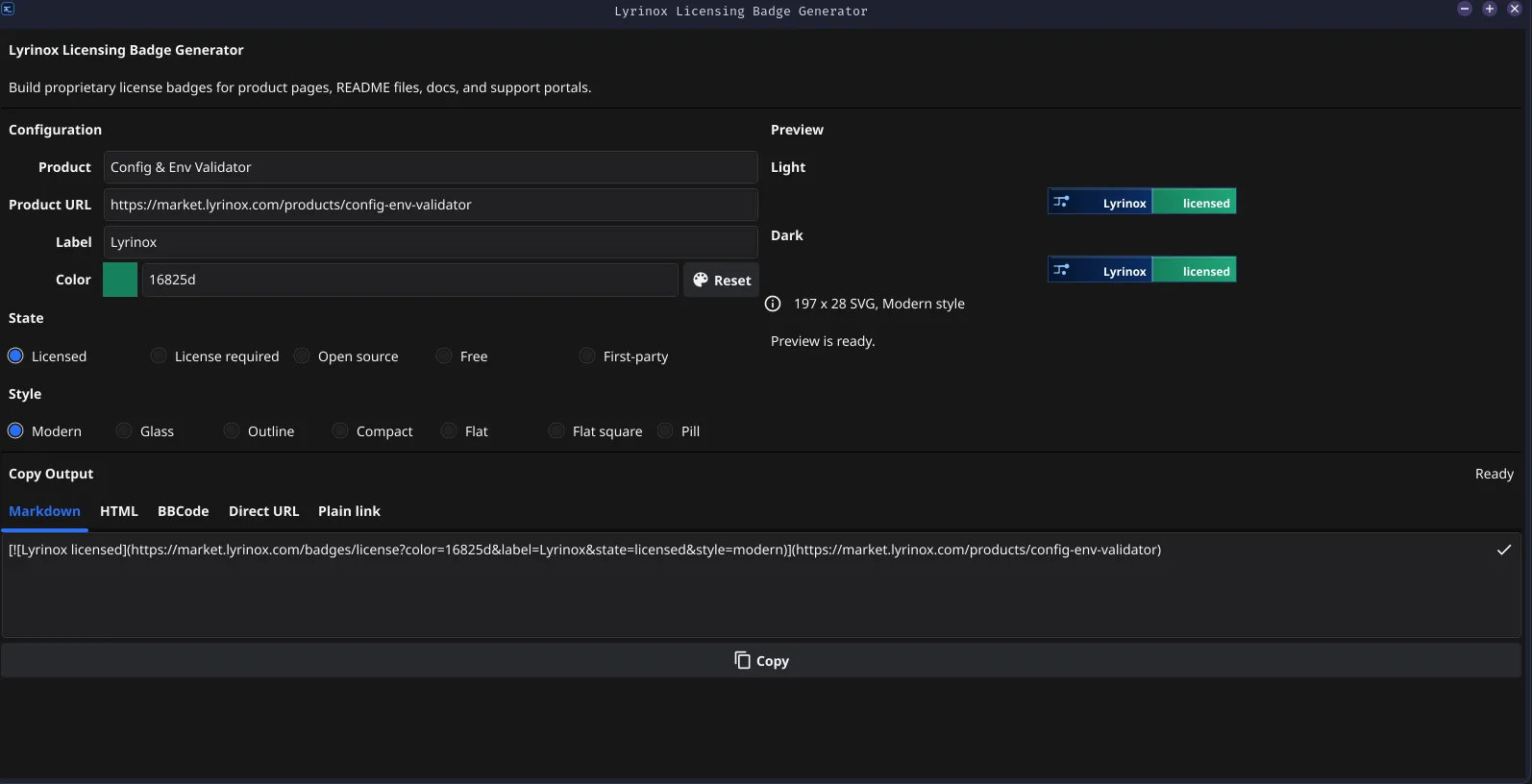 Lyrinox Licensing Badge Generator desktop interface